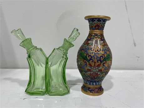 CLOISONNÉ VASE (6” TALL) & GREEN GLASS DOUBLE PERFUME BOTTLE