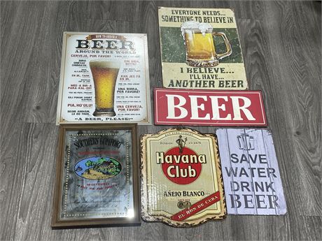 6 BEER / LIQUOR METAL THEMED SIGNS (LARGEST 12”x16”)