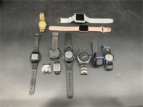 11 MISC. WATCHES ( SOME NEED BATTERY / PINK ONE IS APPLE BOOT LEG