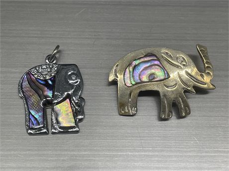 MEXICAN SILVER ELEPHANT PIN WITH ALBALONE INSERT & SILVER ELEPHANT PENDANT W/