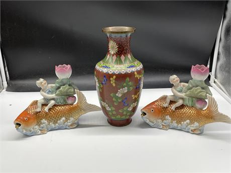 2 CHINESE CANDLEHOLDERS & CLOISONNÉ VASE 11”