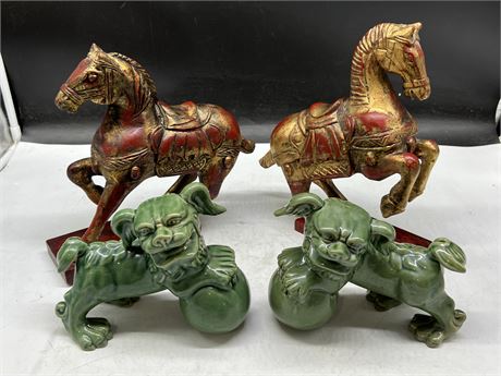 VINTAGE FOO DOGS - 7.5” LONG & RED / GOLD ASIAN HORSE FIGURES 9”x15”