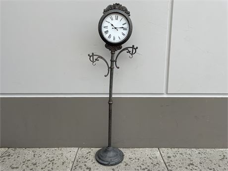 TALL FREE STANDING GARDEN CLOCK / THERMOMETER W/FLOWER HANGERS