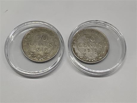 (2) 1919 NEWFOUNDLAND SILVER 50 CENT COINS