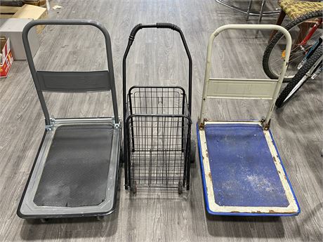 2 PLATFORM DOLLY CARTS & WIRED SHOPPING CART - BLUE ONE AS IS