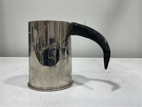 RCAF TRENCH ART - SHELL CASE MUG W/ ANTLER HANDLE SIGNED - 7” TALL