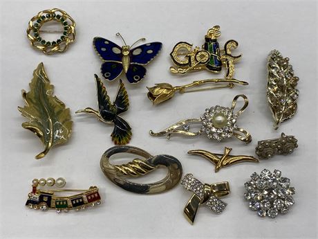 14 VINTAGE ENAMEL/OTHER BROOCHES