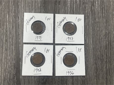 4 GERMAN WW2 THIRD REICH COINS 1936 / 1937 / 1938 / 1939