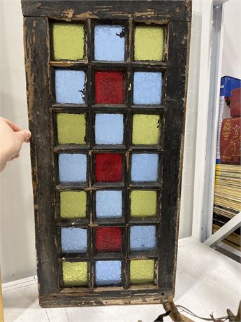 ANTIQUE STAINED GLASS 21 PANE WINDOW 13”x28”