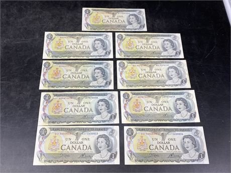(9) 1973 CDN $1 BILLS (2 sets of 2 are sequenced)