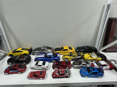 16 RC CARS - NO REMOTES - AS IS (LARGEST IS LAMBO 18” LONG)
