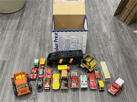 BOX VINTAGE TONKA, MATCHBOX, AND OTHER TRUCKS + CARS