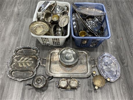 LARGE LOT OF VINTAGE SILVER PLATES TRAYS, TEAPOTS, CUPS ETC.