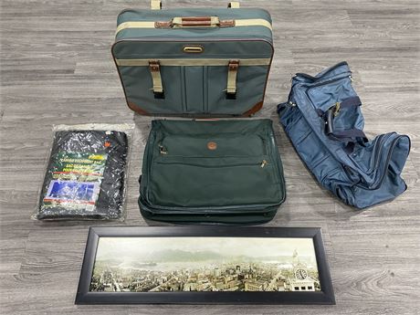 ASSORTED VINTAGE SUITCASES/BAGS, CANVAS EQUIPMENT BAG + PRINT (11.5”X37”)