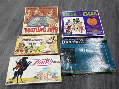 5 VINTAGE BOARD GAMES - ALL ARE MISSING A FEW PIECES IN EACH - AS IS
