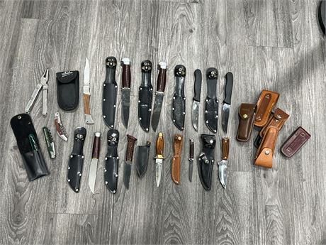 13 KNIVES / MULTI PURPOSE TOOLS & 6 EMPTY HOLSTERS