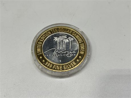 LIMITED EDITION .999 FINE SILVER $10 VEGAS GAMING TOKEN FROM THE MIRAGE