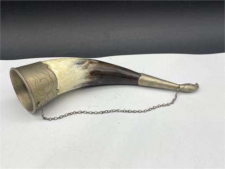 VINTAGE POWDER HORN W/ POSSIBLE STERLING SILVER - 9”