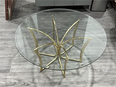 VINTAGE BRASS W/GLASS TOP COFFEE TABLE (16” tall, 37” wide)
