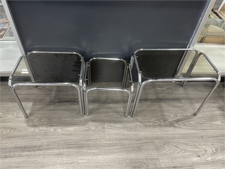 3 1970’S CHROME AND SMOKED GLASS NESTING TABLES LARGEST 21”x13”x16”
