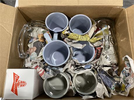 BOX OF BEER STEINS AND MUGS