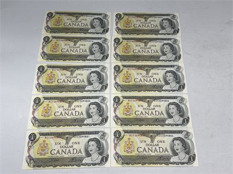*NO TAX* (10) SEQUENCED 1973 CANADIAN $1 BILLS - NM - 77 THROUGH 86