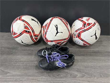 CHILDS SOCCER LOT - 3 SIZE 3 PUMA BALLS & SIZE 10T LOTTO CLEATS