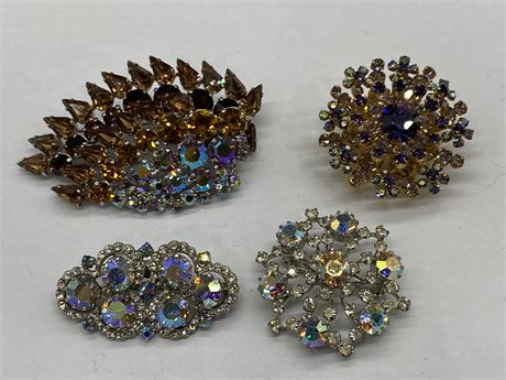 4 RHINESTONE SIGNED AUSTRIA BROOCHES - EXCELLENT CONDITION (LARGEST IS 3”)