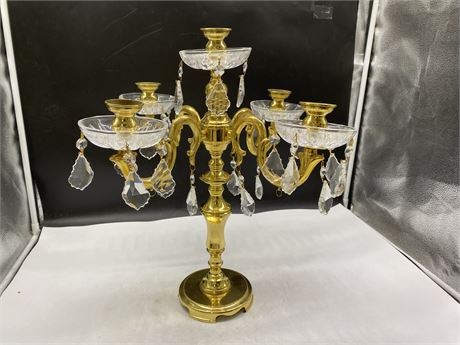 VERY HEAVY LARGE BRASS CANDELABRA W/ CRYSTALS - 18” TALL