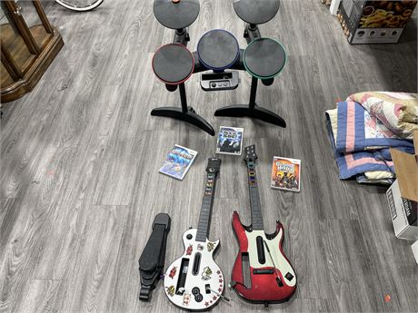 WII ROCKBAND SET WITH GUITARS, DRUMS, PEDAL & 3 GAMES