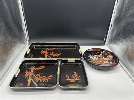 VINTAGE LACQUERWARE NESTING TRAYS 18”x11” & VINTAGE LACQUERWARE LIDDED DIVIDED