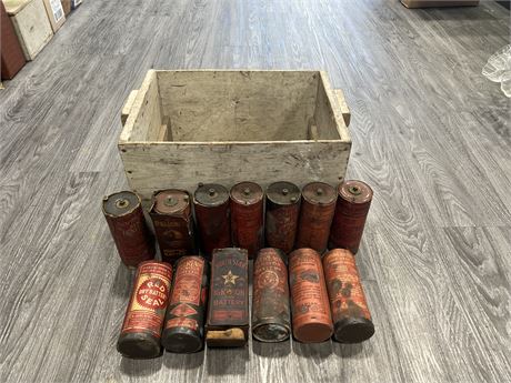 VINTAGE WOOD CRATE W/ 13 DRY CELL BATTERIES - CRATE IS 18”x10”x11”