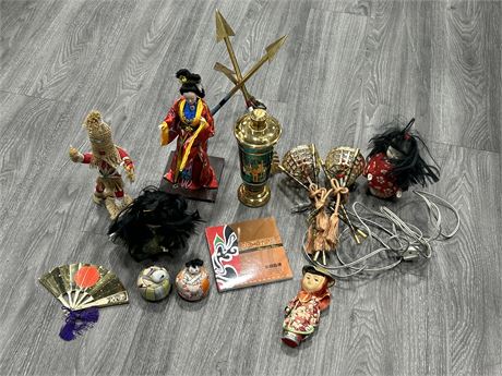 LOT OF JAPANESE ITEMS - DOLLS, DECOR + OTHERS