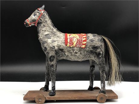 ANTIQUE FOLK ART HORSE ON WHEELS 12X12” (PULL ALONG TOY)