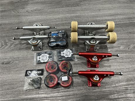 3 PAIRS OF INDEPENDENT SKATEBOARD TRUCKS (2 BRAND NEW) 2 SETS OF NEW WHEELS ECT