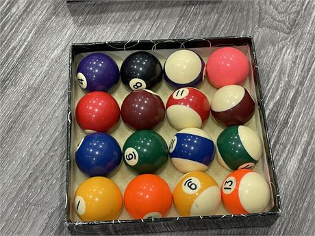 BOX OF NUMBERED POOL BALLS