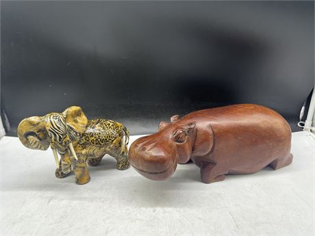 SOLID WOOD CARVED HIPPO 13” + CERAMIC ELEPHANT 8”