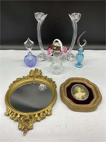 3 VINTAGE PERFUME BOTTLES, MIRROR, PICTURE, CHINA BOUQUET, CANDLE HOLDERS (10” T