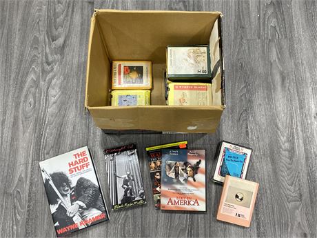 BOX OF MISC 8 TRACKS & DVDS
