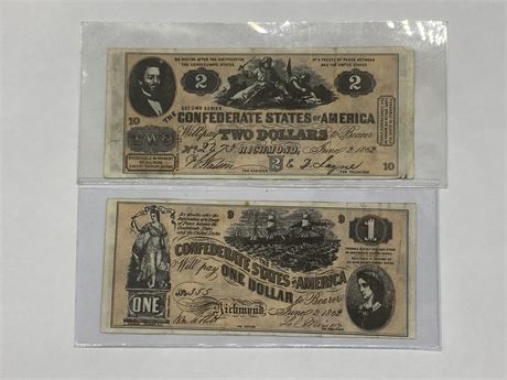REPRODUCTION CONFEDERATE STATES OF AMERICA TWO DOLLAR BILL & ONE DOLLAR BILL