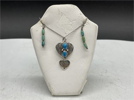 SIGNED VINTAGE STERLING TURQUOISE PENDANT & EARRINGS