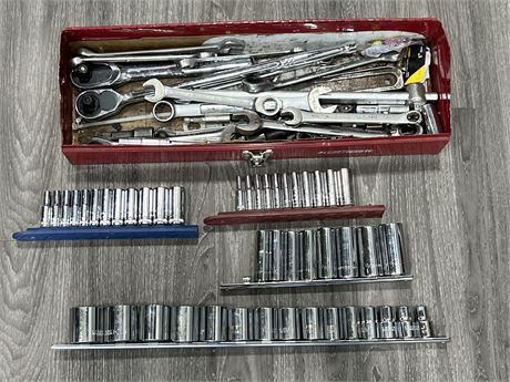 LOT OF SOCKETS, WRENCHES, ETC