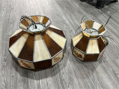 2 VINTAGE STAINED GLASS HANGING LAMPS (18”&11”)