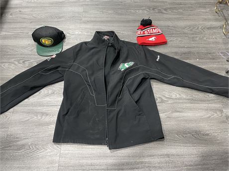 CFL CLOTHING LOT INCLUDING ESKIMOS HAT, STAMPEDERS BEANIE, & ROUGHRIDERS JACKET