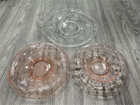 3 DEPRESSION GLASS BOWLS/DISHES (14” LARGEST)