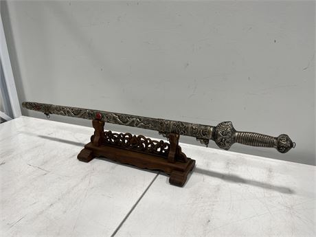 DECORATIVE STAINLESS STEEL SWORD ON STAND (39” wide)
