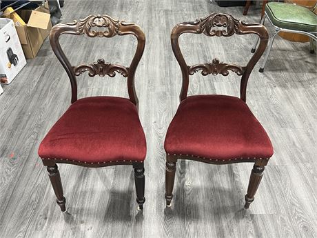 2 VINTAGE CUSHIONED WOOD CHAIRS (33” tall)
