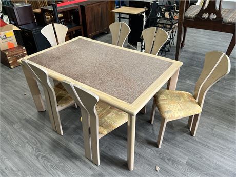 PINK GRANITE DINING TABLE MADE IN VANCOUVER W/6 CHAIRS (Table is 38”x60”x29”)