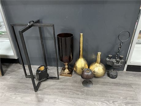 HOME DECOR LOT - CANDLE HOLDERS, VASES - TALLEST IS 22”