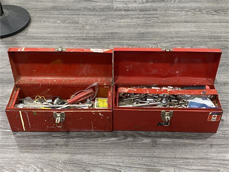 2 RED METAL TOOLBOXES + CONTINENTS (16”X5”)